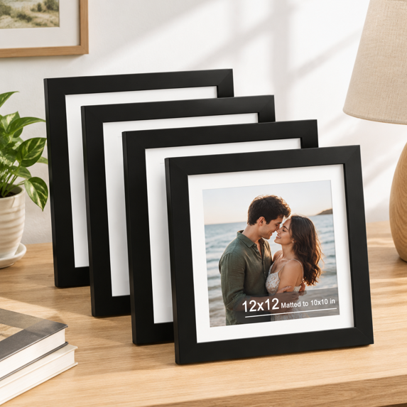 12x12 in Black Picture Frame, Real Wood with 10x10 Mat, Set of 4 ...