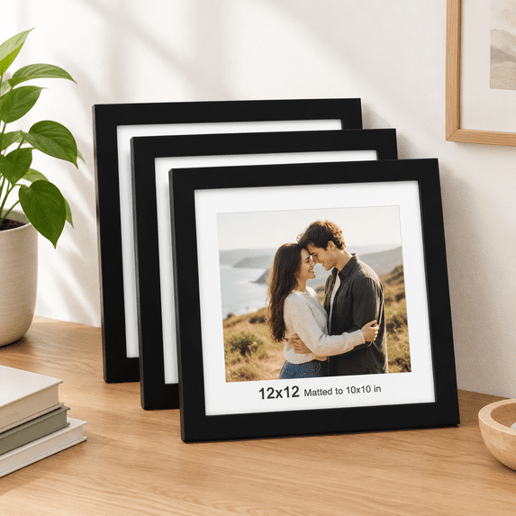 12x12 in Black Picture Frame Set of 4, Real Wood with 10x10 Mat ...