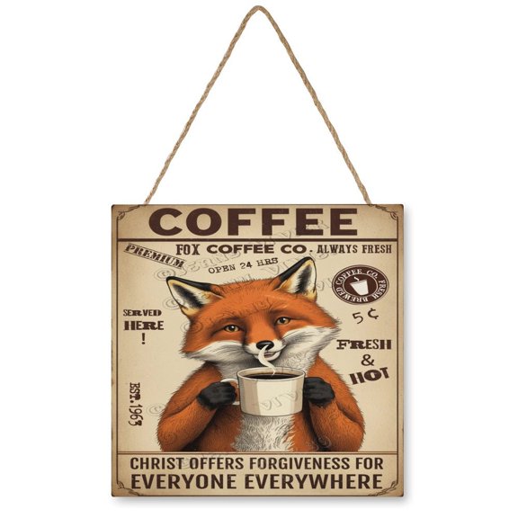 12x12 inches Retro Wood Hanging Sign - Square - Fox Decor Coffee Christ Offers Forgiveness for Everyone Everywhere Wood Sign for Cafes Kitchen Decor Fox Gifts For Fox Lovers