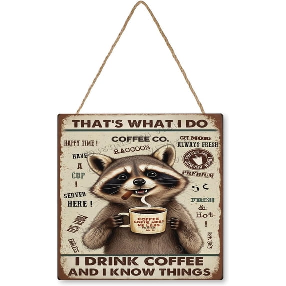 12x12 inches Retro Wood Hanging Sign - Square - Raccoon Decor I Drink ...