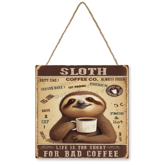 12x12 inches Retro Wood Hanging Sign - Square - Sloth Decor Coffee Life Is Too Short for Bad Coffee Wood Sign Rustic Farmhouse Decor Funny Wall Decor For Cafes Coffee Shop