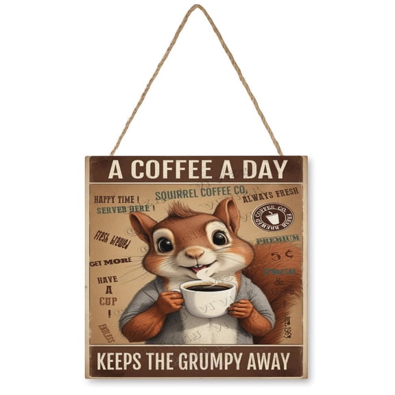 12x12 inches Retro Wood Hanging Sign - Square - Squirrel Decor Coffee A Coffee A Day Keeps The Grumpy Away Wood Sign for Cafes Kitchen Decor Squirrel Gifts For Squirrel Lovers