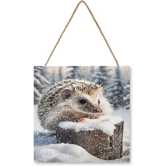12x12 inches Square Rustic Wood Sign - Charming Winter Hedgehog Decor for Christmas, Ideal for Cafes and Clubs, Great Gift for Friends and Family Who Love Unique Holiday Accents