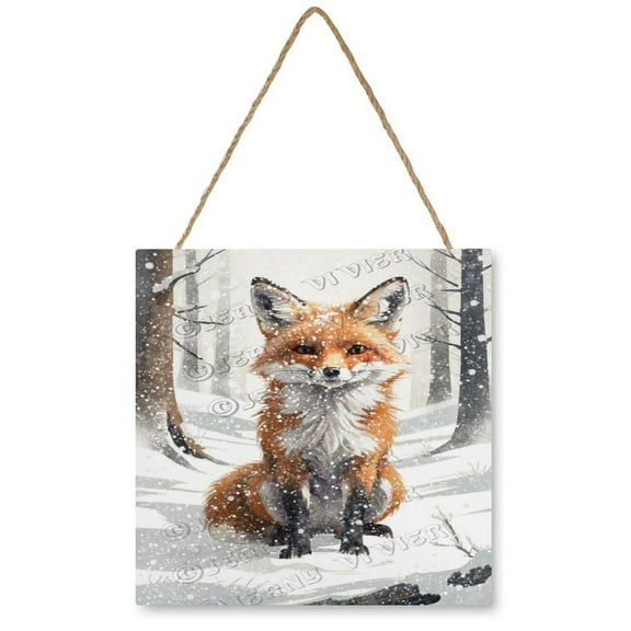 12x12 inches Square Wooden Hanging Sign - Cute Winter Fox Wood Sign for Christmas Party Decor, Great for Home Decor Office Bedroom Living Room Kitchen Wall Decor