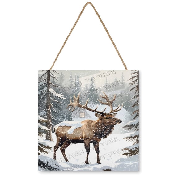 12x12 inches Square Wooden Hanging Sign - Cute Winter Moose Wood Sign for Christmas, Great for Living Room or Kitchen, Gift for Men and Boys on Birthdays or Holidays