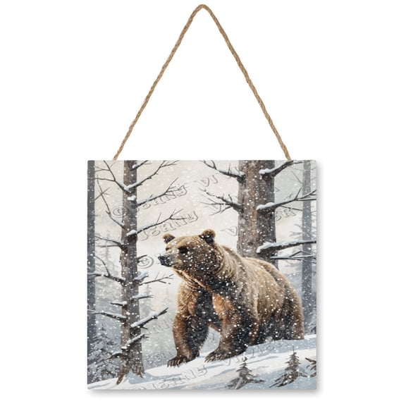 12x12 inches Square Wooden Sign - Whimsical Wood Sign Featuring a Winter Bear, Great for Indoor Holiday Decor, Gift for Christmas Enthusiasts and Family Gatherings