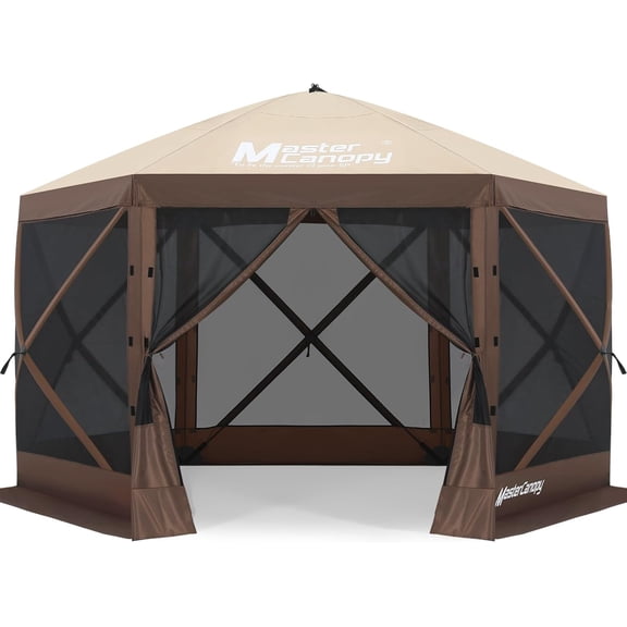 12x12FT Pop Up Gazebo Screen Tent - Instant Screen House with Netting, Quick Set, Outdoor Canopy Shelter with Carry Bag for Camping, Backyard & Patio (Beige&Coffee)