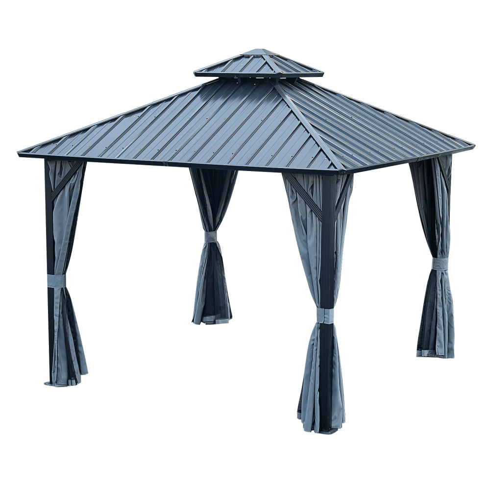 12x12ft Gazebo, Outdoor Double Roof Canopy with Netting and Curtains