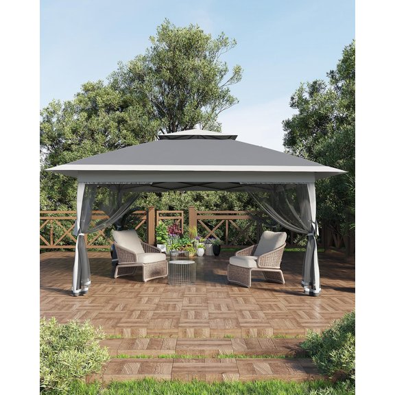 12x12ft Heavy-Duty Double Roof Pop-Up Canopy Tent Outdoor Patio Shelter with Mosquito Netting Screened Pavilion Sand Bags - Gray