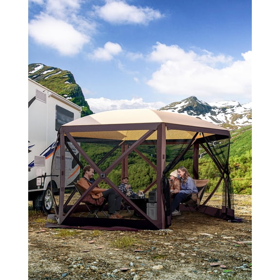 12x12ft Pop-Up Gazebo Screen Tent – 6-Sided Canopy with Mesh Windows for Outdoor Camping Patio