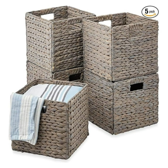 12x12in Hyacinth Baskets, Rustic Set Of 5 Multipurpose Collapsible Storage Organizer, Handwoven Laundry Totes for Bedroom, Living Room, Shelves w/Inserts - Gray