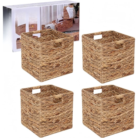 12x12in Storage Baskets 4 Pcs Water Hyacinth Basket,Foldable Storage Cubes