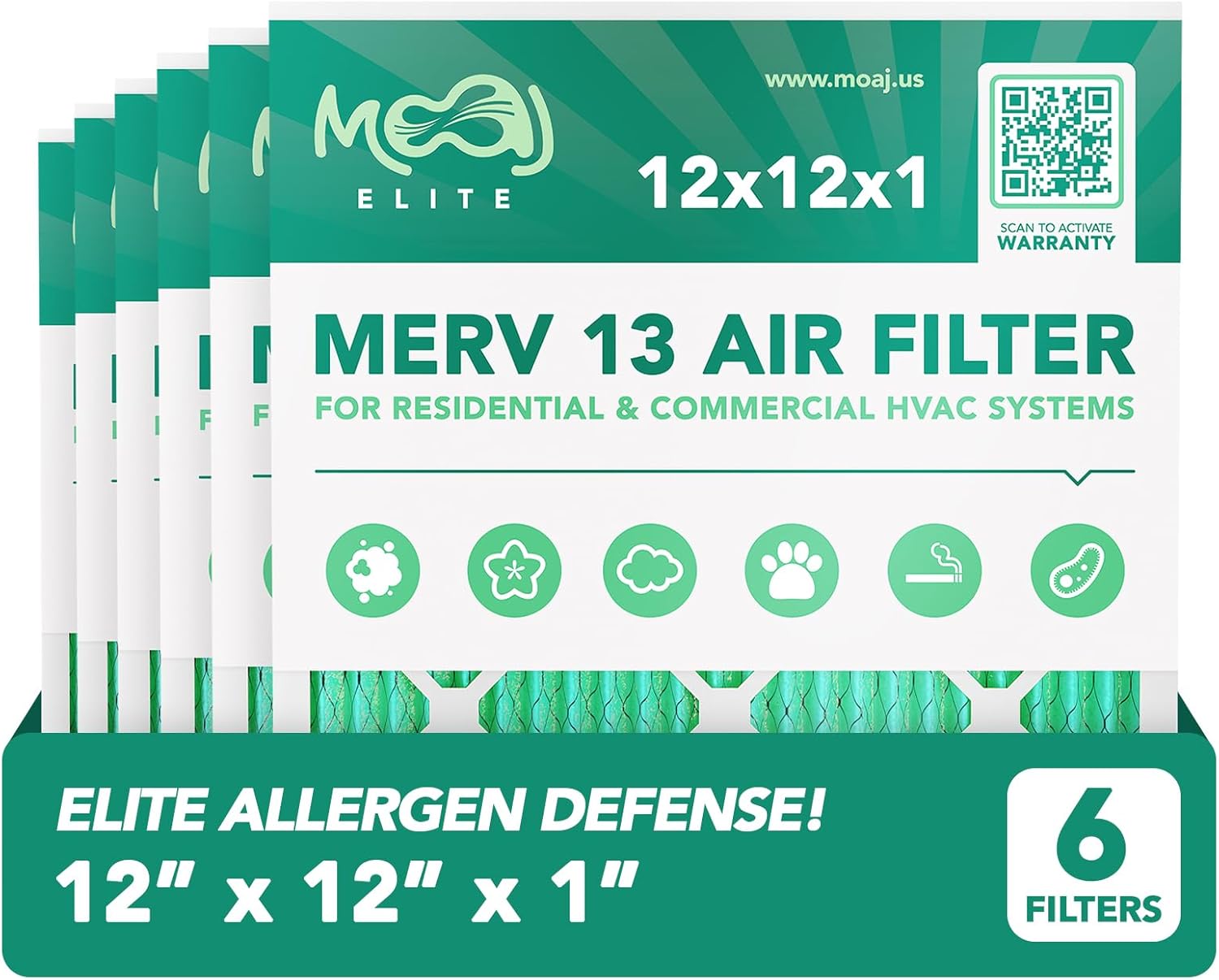 12x12x1 Air Filter (6PACK) MERV 13 Elite Bacterial & Viral Defense