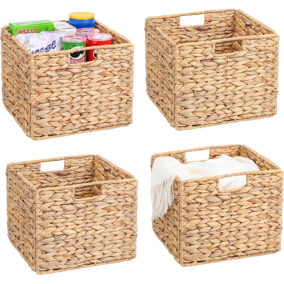 12x12x10 Water Hyacinth Storage Basket Large, Folding Cube Woven Wicker Storage Basket for Shelves, Pantry Baskets Organization and Storage, Large Rattan Basket Set of 4
