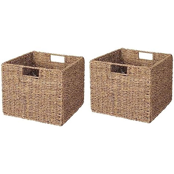 12x12x10in Seagrass Storage Baskets Set of 2, Large Wicker Storage Basket, Decorative Seagrass Shelf Basket, Pantry Baskets Organization,Folding Storage Cube Bins