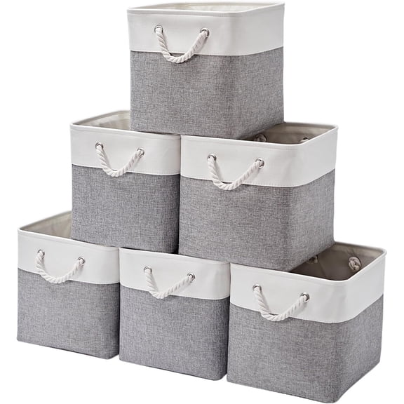 12x12x12 Inch Foldable Linen Storage Cubes with Metal Frame and EVA Base, 6-Pack White and Grey Collapsible Organizer Bins with Handles