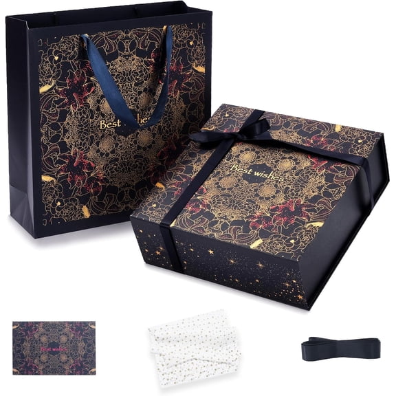 12x12x4 Inch Large Gift Box, Blue Magnetic Closure Present Glue-Free Setup, Complete with Ribbon, Greeting Card & Filler Paper for Wedding, Birthday, Christmas Packaging