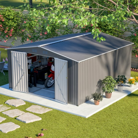 12x14 FT Outdoor Storage Shed with Floor Frame, Garden Tool Shed with Updated Frame Structure, Lockable Doors and Air Vents, Metal Tool Sheds for Backyard Garden, Gray