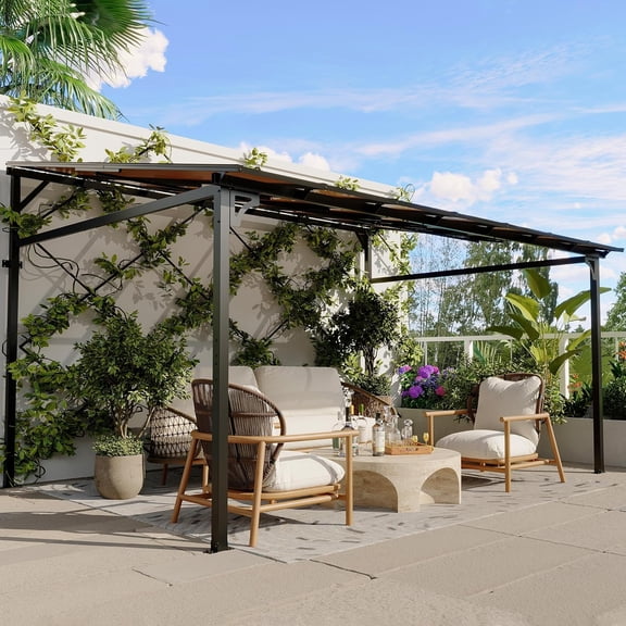 12x14 Ft Outdoor Lean to Gazebo, Wall-Mounted Lean to Metal Awnings Gazebos, Hard Top Lean to Pergola, Large Wall-Mounted Heavy Duty Awnings for Patio, Deck, Porch, Lawn and Backyard