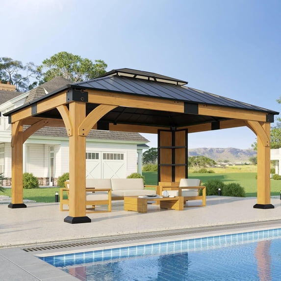 Auhilence 12x14FT Cedar Wood Gazebo with Sunlight Roof &Storage Cabinet