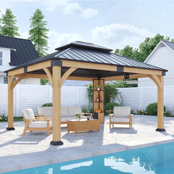 Auhilence 12x14FT Cedar Wood Gazebo with Sunlight Roof &Storage Cabinet