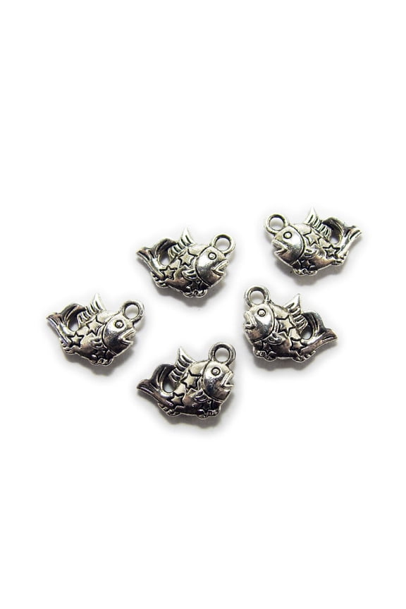 12x14mm Pack Of 20 Bali Style Silver Pewter Decorated Fish Charms With Stars ForJewelry Making