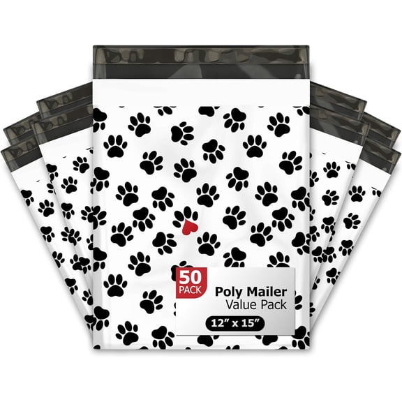 12x15 (50) Paw Prints Designer Poly Mailers Shipping Envelopes Premium Printed Bags