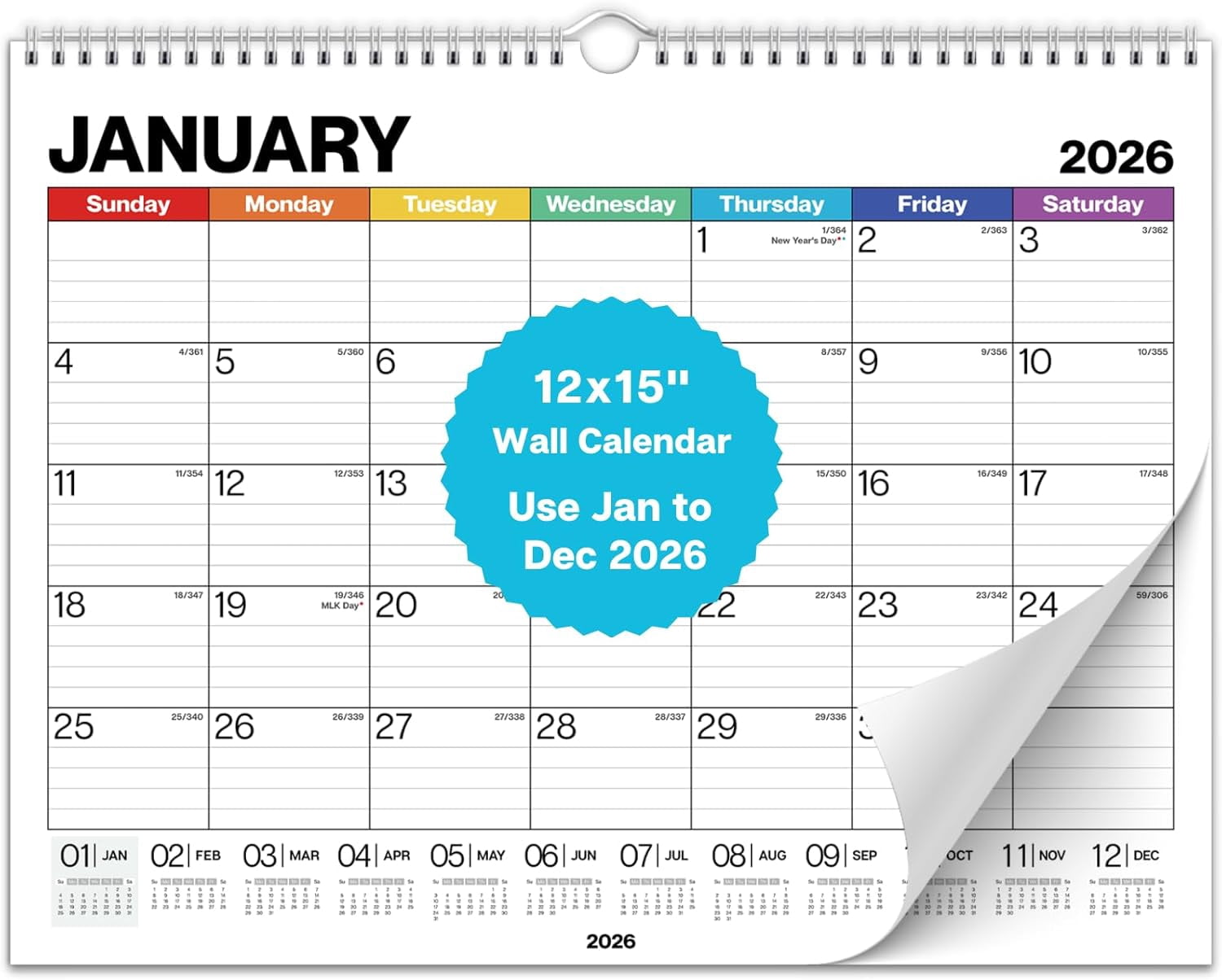 12x15 Wall Calendar 2026 (Colorful), Use Jan to Dec 2026, Large Lined 12 x 15 Monthly Calendar, Professional Styling for Home or Office, Premium Paper