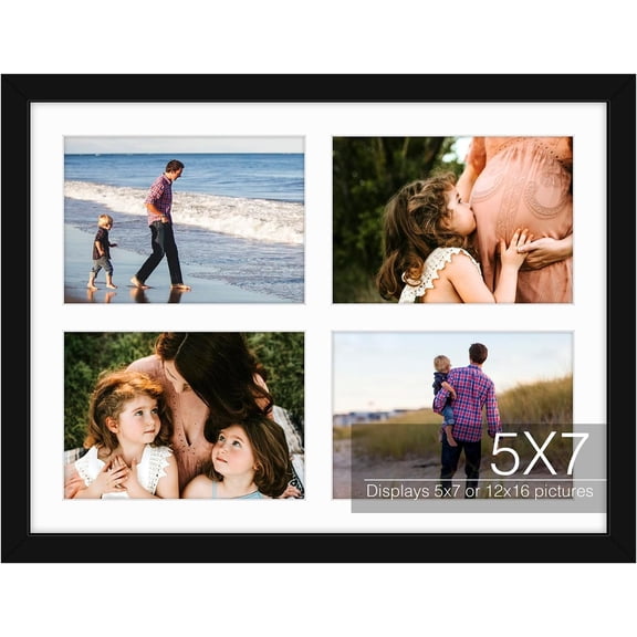 , 12x16 Black Wood Collage Picture Frame - Picture Frame with White Mat Displays Four 5x7 Photos - Collage Frame - Tempered Glass, Sawtooth Hanger, Swivel Tabs - Wall Mounting