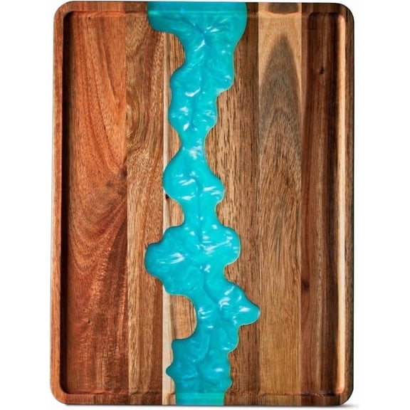 Comfify Celeste Blue Resin Acacia Wood Serving Tray, 15.75×11.73 in Rectangular Decorative Tray for Charcuterie, Serving, Coffee Table & Home Décor