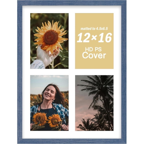 12x16 Collage Picture Frame, Displays 4 Photos in 5x7 Size, Wood Multi-Opening Frame with PS Cover for Wall & Tabletop Use - Blue