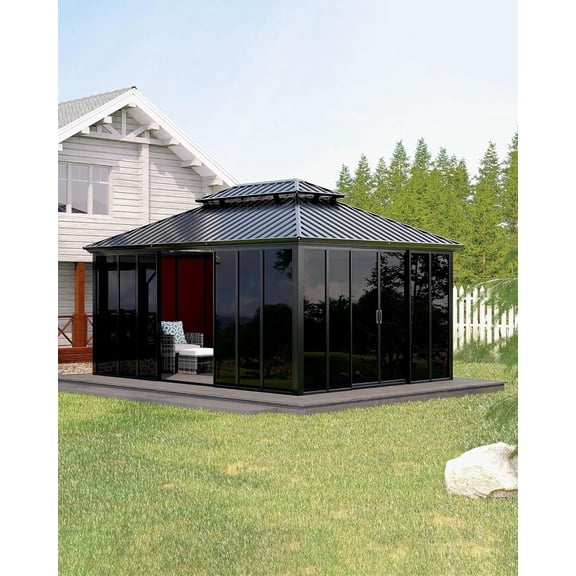 12x16 Ft Hardtop Gazebo Sunroom - All Season Patio Enclosure with Aluminum Frame Sliding Polycarbonate Doors and Double Roof - Backyard Hot Tub Shelter