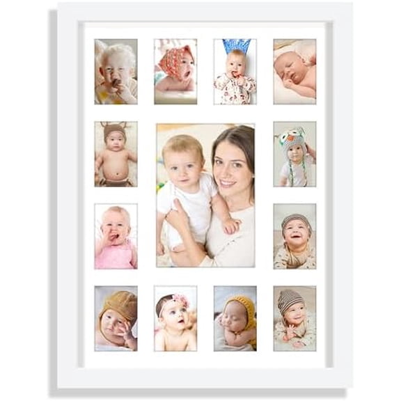 12x16 Inch My First Year Picture Frame - Displays 1 Center Photo (5" x 7") and 12 Small Photos (2.5" x 3.5") | Wall Hanging or Tabletop Collage Frame for Newborn Keepsake & Baby Gift, White