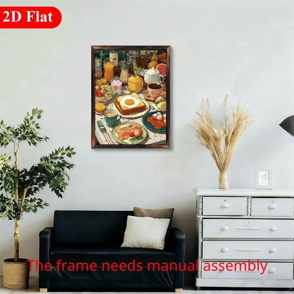 12x16 Inch Framed Wood Wall Art, Aesthetic Breakfast Table Illustration with Food and Coffee Decor 1pc for Kitchen Dining Room Wall Decoration