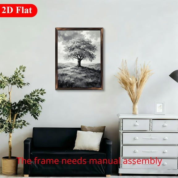 12x16 Inch Framed Wood Wall Art, Black and White Lone Tree Landscape Painting, Rectangular Wooden Decor 1pc for Living Room Bedroom Office