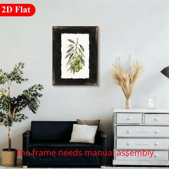 12x16 Inch Framed Wood Wall Art, Botanical Olive Branch Watercolor Painting with Black Border for Kitchen and Dining Room Decor 1pc
