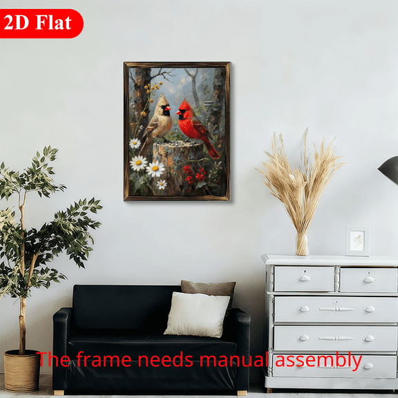 12x16 Inch Framed Wood Wall Art, Cardinal Birds on Tree Stump Painting with Wildflowers 1pc for Rustic Home Living Room Decor