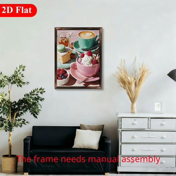 12x16 Inch Framed Wood Wall Art, Coffee and Raspberry Dessert Illustration 1pc for Kitchen and Dining Room Decor