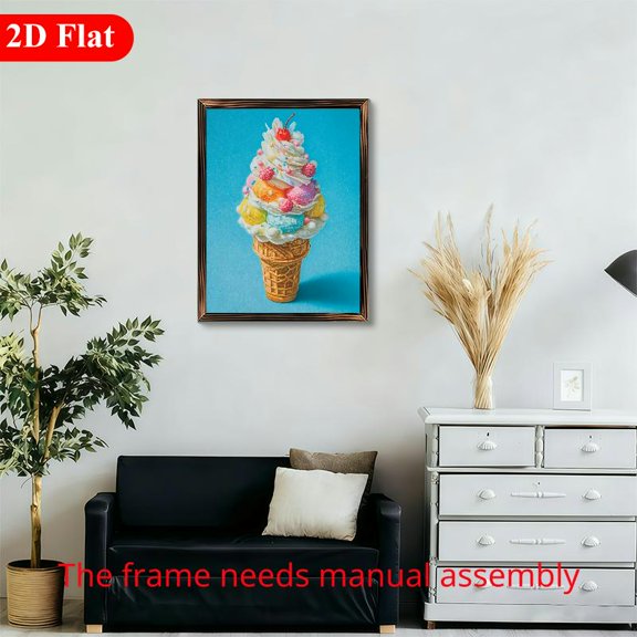 12x16 Inch Framed Wood Wall Art, Colorful Ice Cream Cone with Raspberries and Whipped Cream 1pc for Kitchen and Dining Room Decor