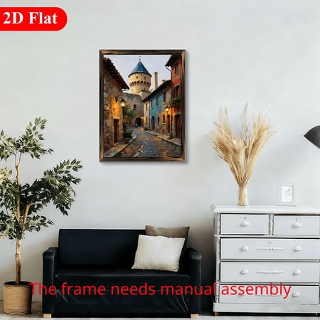 12x16 Inch Framed Wood Wall Art, European Medieval Town Street View with Stone Tower and Lanterns 1pc for Living Room Bedroom Office Decor
