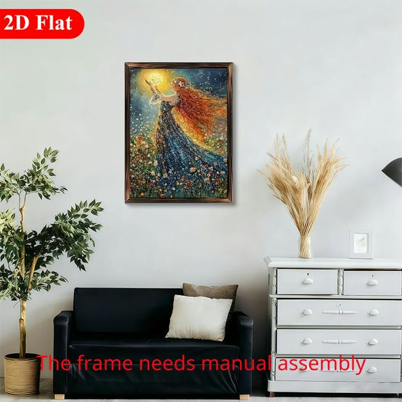 12x16 Inch Framed Wood Wall Art, Fantasy Moon Goddess Holding Glowing Sphere in Floral Field for Bedroom Living Room Decor 1pc