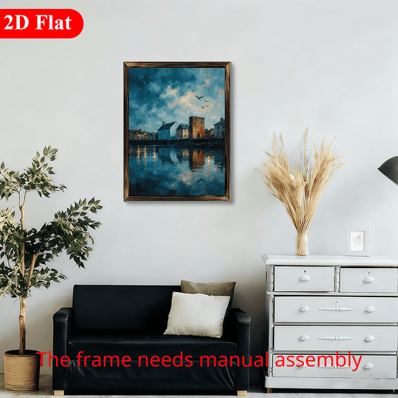 12x16 Inch Framed Wood Wall Art, Impressionist Landscape Painting of Twilight Riverside Town with Birds, Rectangular Decorative Wood Panel for Living Room Bedroom Decor 1pc