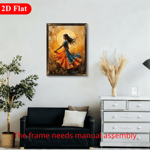 12x16 Inch Framed Wood Wall Art, Indian Woman in Traditional Sari Dancing Against Golden Sun Background 1pc for Living Room and Bedroom Decor