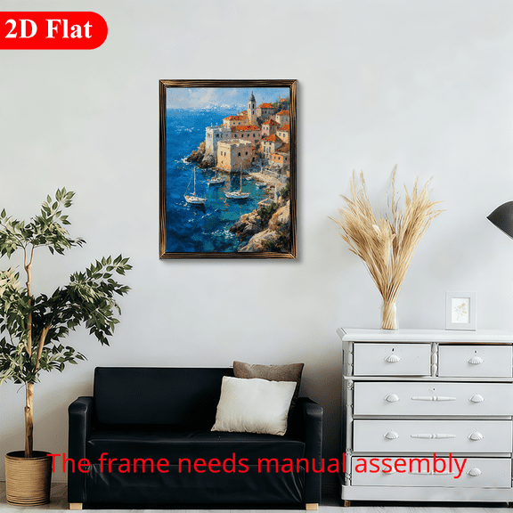 12x16 Inch Framed Wood Wall Art, Mediterranean Coastal Town with Sailboats Oil Painting Style Print 1pc for Living Room Bedroom Decor
