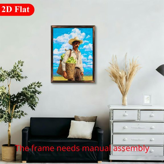12x16 Inch Framed Wood Wall Art, Mexican Farmer Carrying Produce Basket Impressionist Painting 1pc for Rustic Farmhouse Home Decor