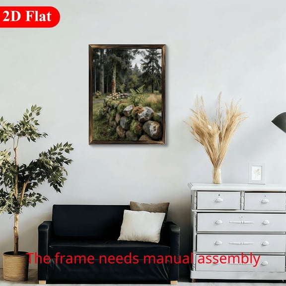 12x16 Inch Framed Wood Wall Art, Moss Covered Stone Wall with Green Ferns and Wildflowers Forest Landscape 1pc for Rustic Living Room Decor