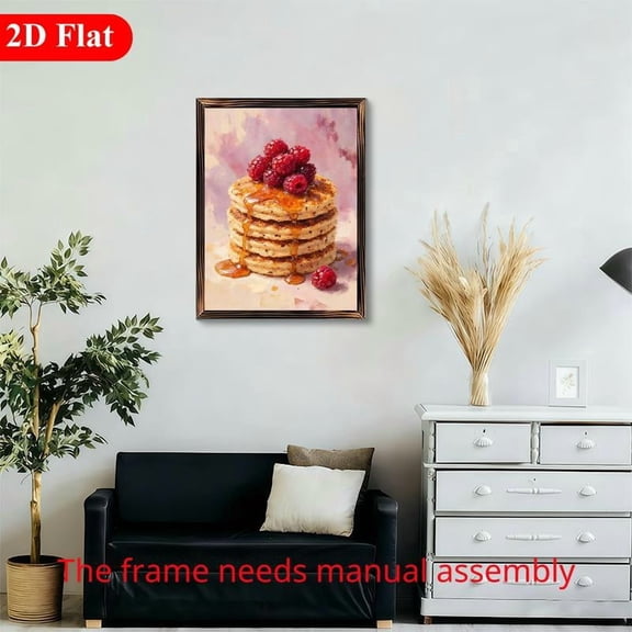 12x16 Inch Framed Wood Wall Art, Pancake Stack with Fresh Raspberries and Syrup Painting 1pc for Kitchen and Dining Room Decor
