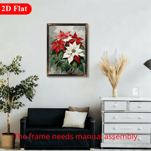 12x16 Inch Framed Wood Wall Art, Red and White Poinsettia Christmas Floral Painting 1pc for Holiday Home Decor