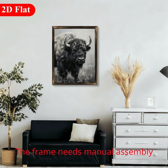 12x16 Inch Framed Wood Wall Art, Rustic Buffalo Portrait Painting 1pc for Farmhouse Living Room Bedroom Decor