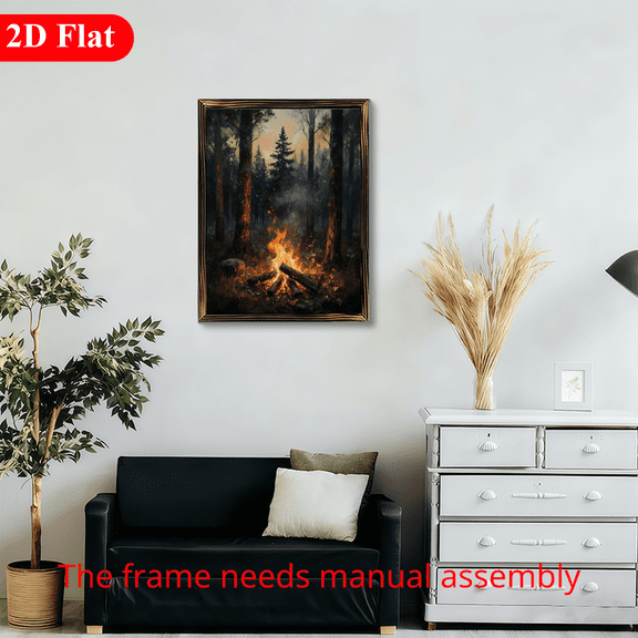 12x16 Inch Framed Wood Wall Art, Rustic Campfire in Dark Forest Landscape Painting 1pc for Living Room Bedroom Wall Decor
